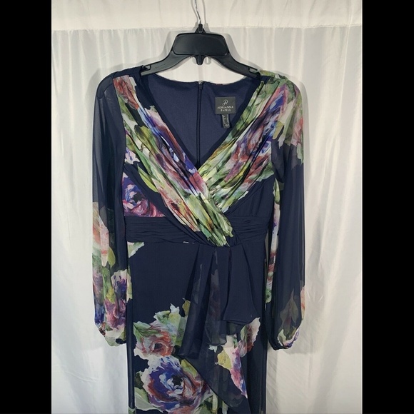NEW $249‎ Adrianna Papell Long Sleeve Floral Print Chiffon Gown [ SZ 4 ] - Picture 4 of 12
